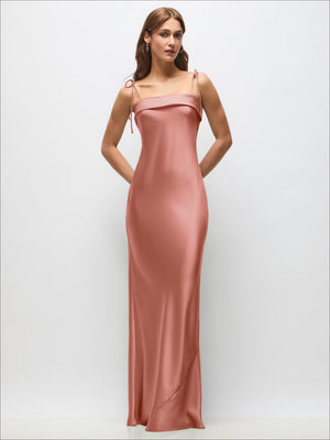 Cuff Neck Satin Bias Maxi Dress with Self-Tie Spaghetti Straps