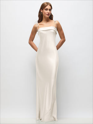 Cuff Neck Satin Bias Maxi Dress with Self-Tie Spaghetti Straps