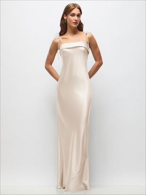 Cuff Neck Satin Bias Maxi Dress with Self-Tie Spaghetti Straps