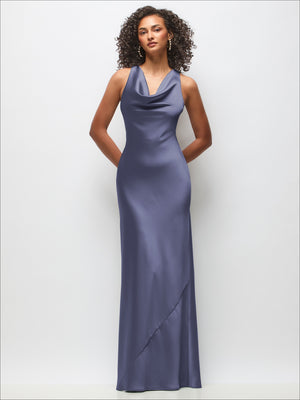 Cowl Neck Criss-Cross Back Satin Maxi Dress