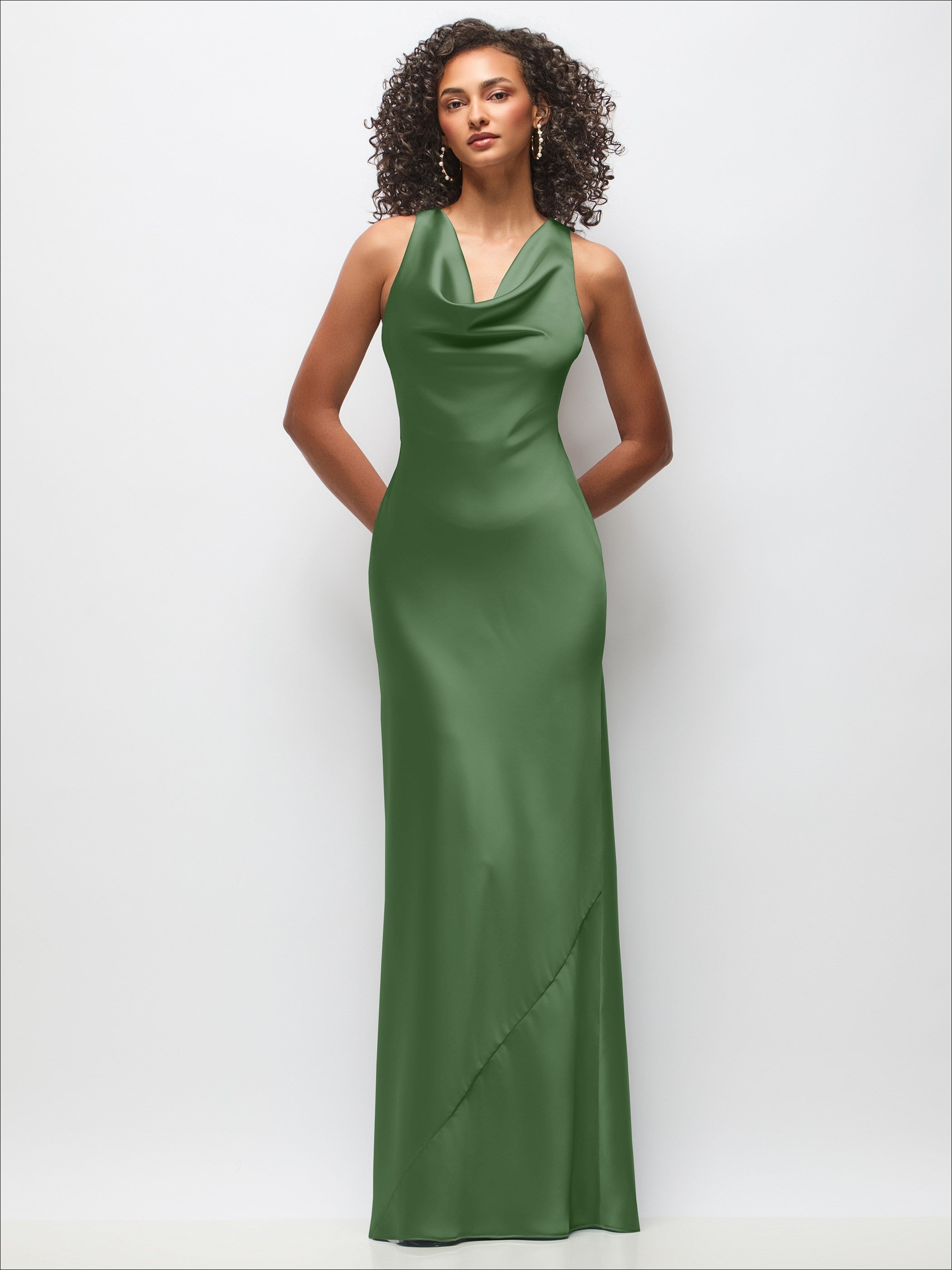 Cowl Neck Criss-Cross Back Satin Maxi Dress