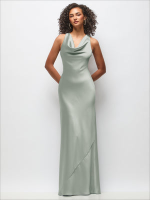Cowl Neck Criss-Cross Back Satin Maxi Dress