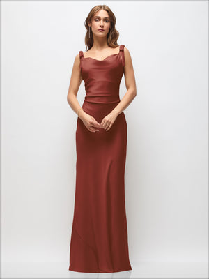 Satin cowl neck maxi dress in rust brown, ruched side and tie shoulder bows, front view