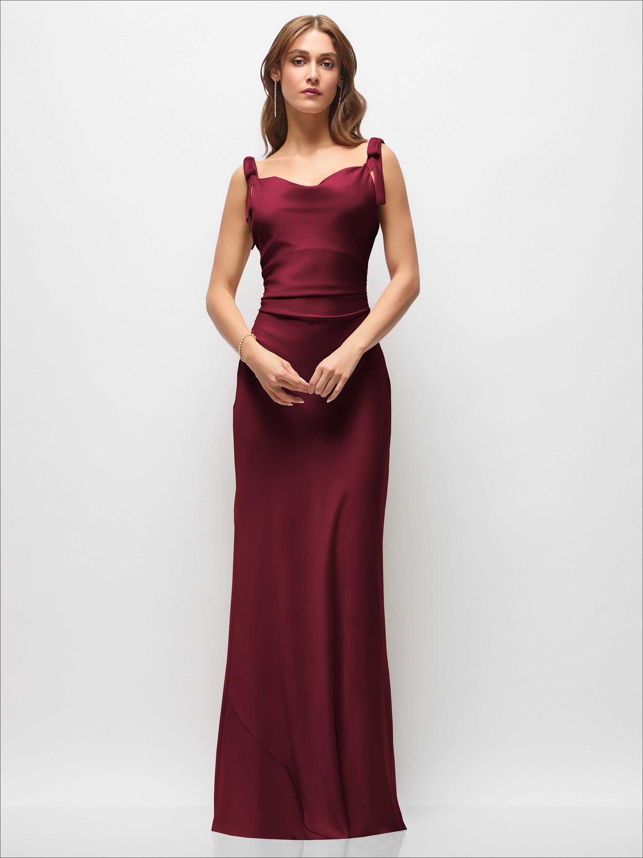 Soft Cowl Neck Ruched Side Satin Bias Maxi Dress with Shoulder Bows