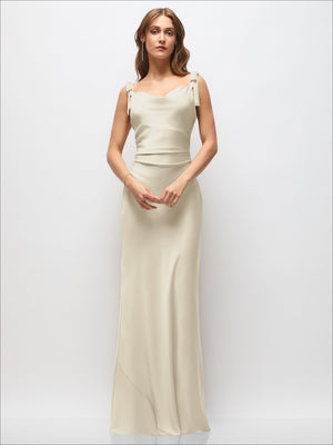 Ivory satin cowl neck ruched side maxi dress with bow shoulder straps