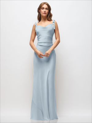Powder blue satin maxi dress with cowl neckline, ruched sides, and shoulder bows