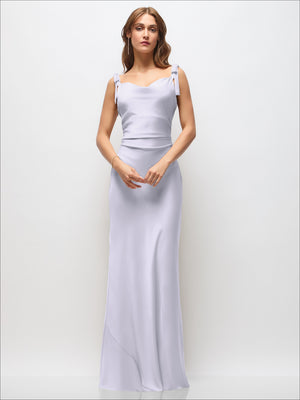 Lilac satin bias maxi dress with cowl neck, ruched sides, and shoulder bow ties