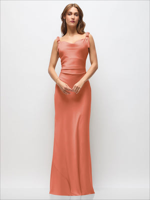 Satin cowl neck ruched side maxi dress in coral pink, with shoulder bow straps