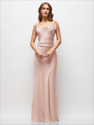 Blush pink satin cowl neck ruched side maxi dress with bow shoulder straps