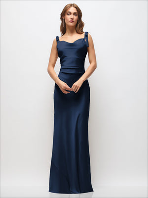 Teal satin maxi dress with draped cowl neckline and tie shoulder bows, sleek column fit.