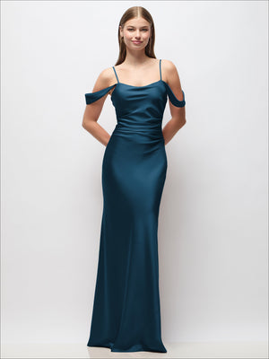 Teal satin off-shoulder maxi dress with ruched sides and adjustable spaghetti straps
