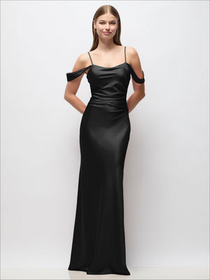 Black satin off-shoulder maxi dress with spaghetti straps and ruched side detail