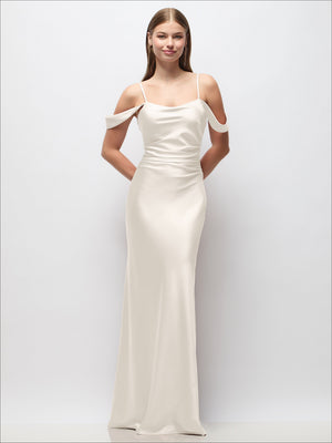 Ivory off-shoulder satin maxi dress with ruched sides and adjustable spaghetti straps
