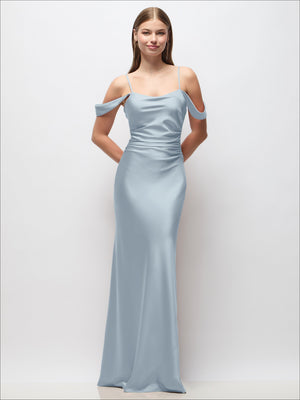 Off-the-shoulder satin maxi dress in light sage green with adjustable spaghetti straps
