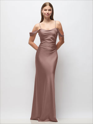 Rose satin maxi dress with off-shoulder neckline, spaghetti straps, and draped sleeves