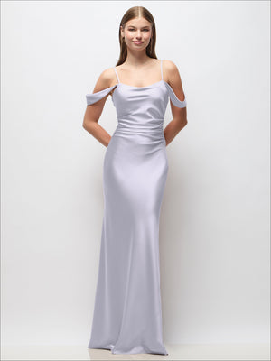 Light blue off-shoulder satin maxi dress with ruched sides and adjustable spaghetti straps
