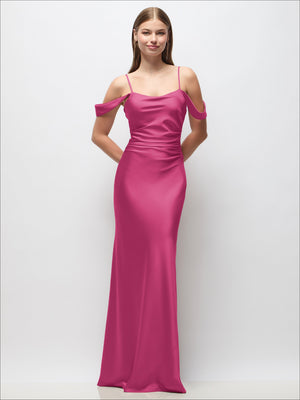 Fuchsia satin off-shoulder maxi dress with spaghetti straps and ruched side detail