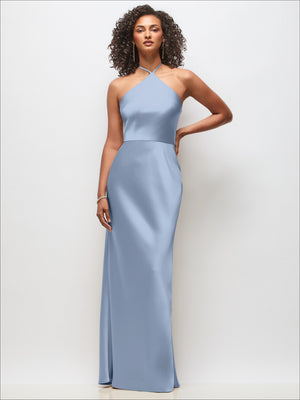 High-neck halter stretch satin maxi dress, periwinkle blue, fitted waist, long skirt