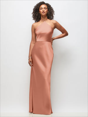 Stretch satin maxi dress in rose, high-neck halter with fitted A-line skirt, sleeveless.