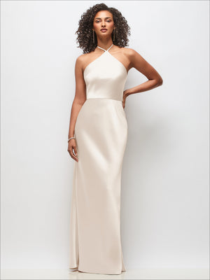 Cream stretch satin halter maxi dress with high neckline and A-line skirt