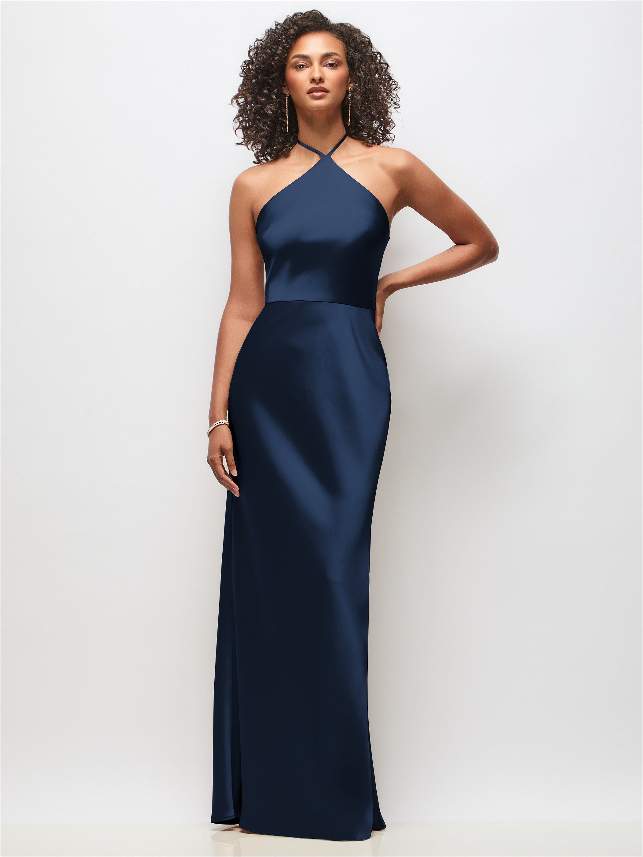 modified halter neckline dress High-Neck Stretch Satin Maxi with Bias A-line Skirt green leather shoes