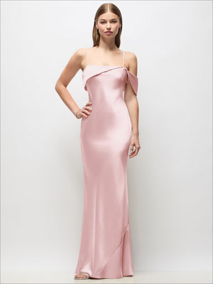 Asymmetrical Cuff Neck Stretch Satin Bias Maxi Dress with Adjustable Spaghetti Straps
