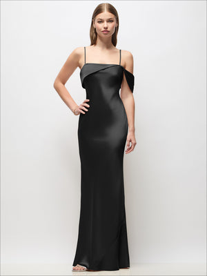 Asymmetrical Cuff Neck Stretch Satin Bias Maxi Dress with Adjustable Spaghetti Straps