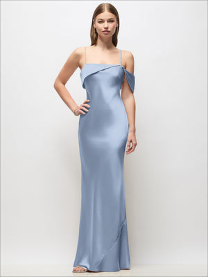 Asymmetrical Cuff Neck Stretch Satin Bias Maxi Dress with Adjustable Spaghetti Straps