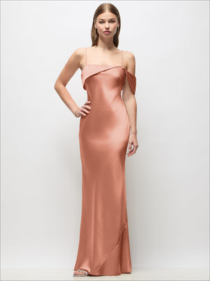 Asymmetrical Cuff Neck Stretch Satin Bias Maxi Dress with Adjustable Spaghetti Straps