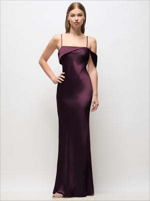 Asymmetrical Cuff Neck Stretch Satin Bias Maxi Dress with Adjustable Spaghetti Straps