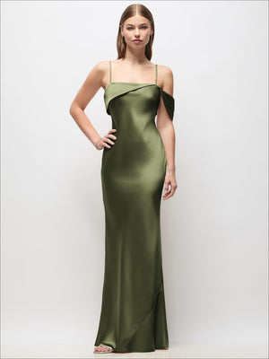 Asymmetrical Cuff Neck Stretch Satin Bias Maxi Dress with Adjustable Spaghetti Straps