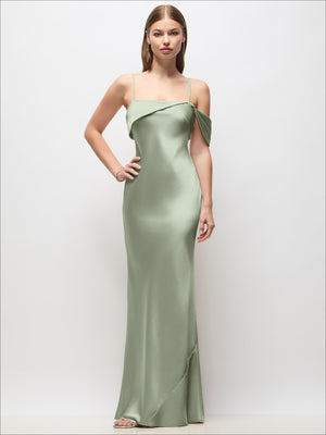 Asymmetrical Cuff Neck Stretch Satin Bias Maxi Dress with Adjustable Spaghetti Straps