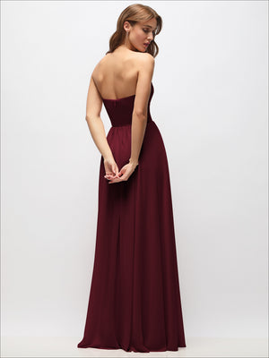 Strapless Basque Drop Waist Chiffon Maxi Dress with Shirred Skirt