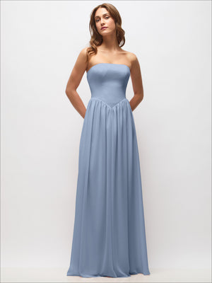 Strapless Basque Drop Waist Chiffon Maxi Dress with Shirred Skirt