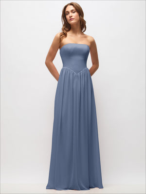Strapless Basque Drop Waist Chiffon Maxi Dress with Shirred Skirt