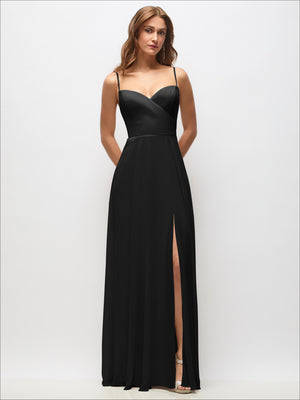 Black chiffon wrap maxi dress with spaghetti straps and side slit
