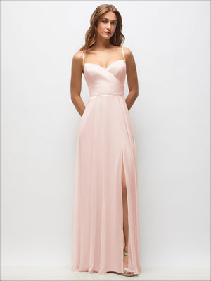 Blush chiffon wrap maxi dress with adjustable spaghetti straps and side slit