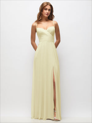 Cream wrap chiffon maxi dress with adjustable spaghetti straps and side slit