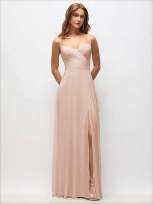 Blush pink wrap chiffon maxi dress with spaghetti straps and front slit