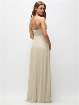 Ivory wrap chiffon maxi dress with spaghetti straps and V-neck bodice