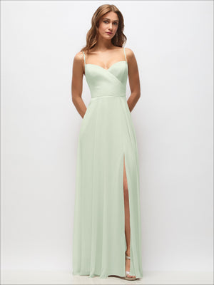 Light mint green wrap maxi dress with spaghetti straps and side slit