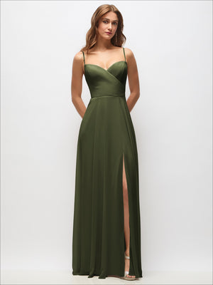 Olive green wrap maxi dress with spaghetti straps and thigh-high side slit