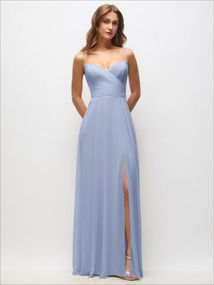 Wrap bodice chiffon maxi dress in light blue, adjustable spaghetti straps, low back, slit