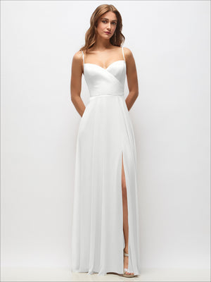 White chiffon wrap maxi dress with V neckline, adjustable spaghetti straps, side slit