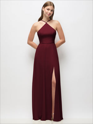High-neck halter chiffon maxi dress in dark burgundy, adjustable straps, front slit