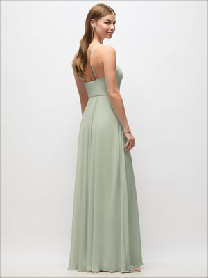 Sage green halter maxi dress with thin adjustable straps and open back view