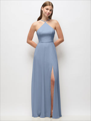 Light blue halter maxi dress with V neckline, flowing chiffon and thigh slit