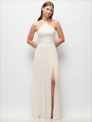 Light neutral high-neck halter maxi dress with adjustable spaghetti straps and front drape
