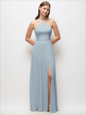 Light blue halter chiffon maxi dress, V neckline and long flowing skirt with slit