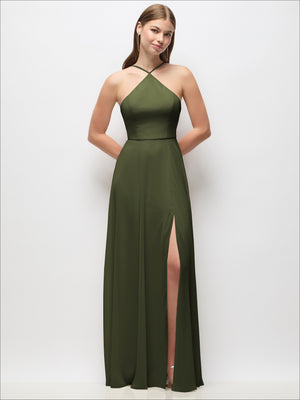 Olive green halter maxi dress with spaghetti straps and side slit, fitted waist